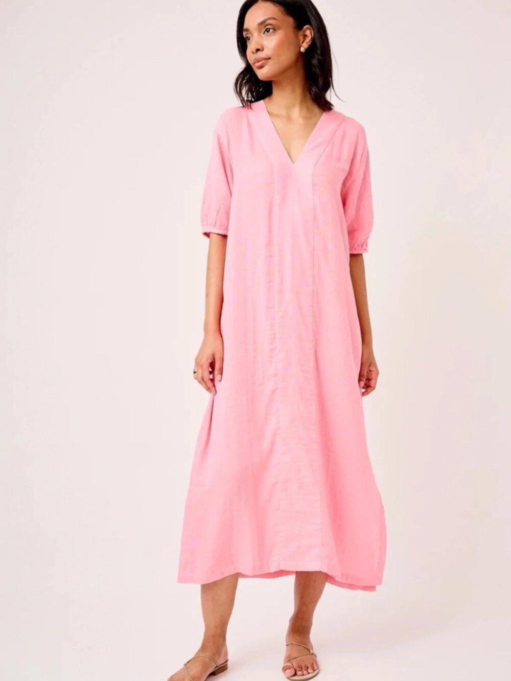 LAKE Pajamas Cotton Gauze Puff Sleeve Oversized Caftan House Dress Pink Size L
